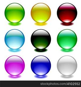 Collection of nine gel filled round bubble icons with bright colorful shadows