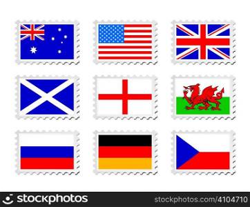 Collection of nine stamp with country flag on them