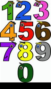 Collection of numbers from 0 to 9 with smiling faces and different colors, great for children learning to count