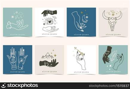 Collection of occult background set with hand,arrow,moon.Editable vector illustration for website, invitation,postcard and sticker