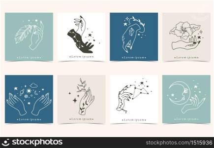 Collection of occult background set with hand,flower,arrow,moon.Editable vector illustration for website, invitation,postcard and sticker