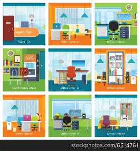 Collection of Office Interiors Concept Vectors. . Set of office interior concept vectors. Flat style. Bright rooms with modern furniture, workplaces and urban view from window. Comfortable workplace. Illustration of modern business apartment design.