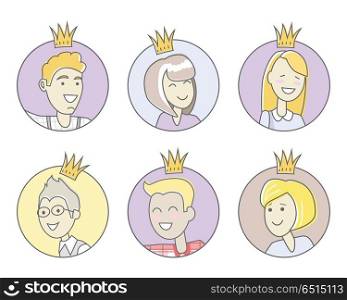 Collection of Office Stars. Best Worker. Vector. Set of avatars of men and women. Collection of the office stars. Best worker of the week month year. Leader in the office work. Person with the crown. Queen or King of the office. Vector illustration
