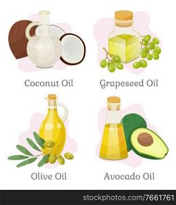 Collection of oils and essences for hair growth and care, isolated coconut and olive, grapeseed and avocado ingredients for masks and skin. Ecological cosmetics with organic ingredients, vector. Coconut and Grapeseed, Olive and Avocado Oils Set