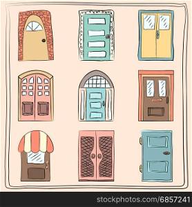 Collection of old door icon, isolated illustration vector. Set with close up wooden door. Simple design