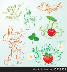 Collection of organic and juice signs, elements, calligraphic phrases: 100% natural, always sweet and juice, all organic, strawberry, sweet cherry, etc.