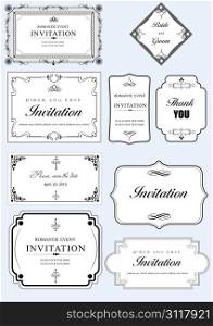 Collection of ornate vector frames and ornaments with sample text. Can be used as invitation or announcement. All pieces are separate.