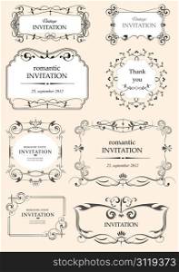 Collection of ornate vector frames and ornaments with sample text. can be used as invitation or announcement. All pieces are separate. vector illustration