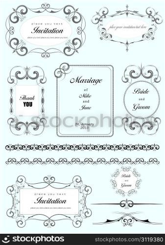 Collection of ornate vector frames and ornaments with sample text. Perfect as invitation or announcement. Vector illustration
