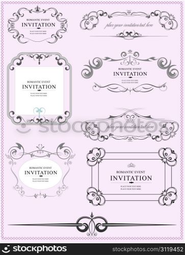 Collection of ornate vector frames and ornaments with sample text. Perfect as invitation or announcement.