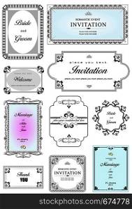 Collection of ornate vector frames and ornaments with sample text. Perfect as invitation or announcement