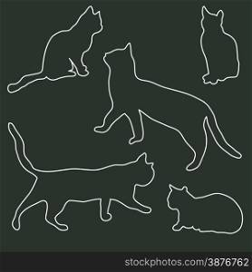 Collection of outlines of the silhouettes of cats in different poses on a dark background