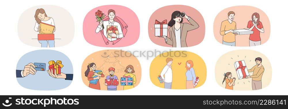 Collection of overjoyed man and woman feel excited with present surprise. Set of diverse people get gift on birthday or anniversary. Concept of greeting and celebration. Flat vector illustration. . Bundle of people celebrate get birthday gifts 