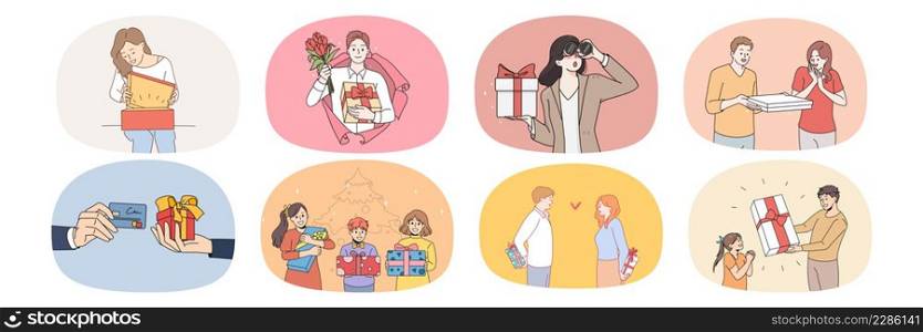 Collection of overjoyed man and woman feel excited with present surprise. Set of diverse people get gift on birthday or anniversary. Concept of greeting and celebration. Flat vector illustration. . Bundle of people celebrate get birthday gifts 