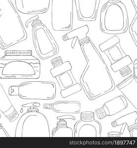 Collection of packages, tubes. Coloring Seamless pattern. Set of bathroom elements in hand draw style on a white background. Monochrome medical seamless pattern. Coloring pages, black and white