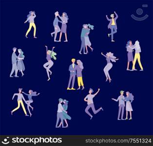 Collection of pairs of dancers. Men and women performing dance at school, studio. Male and female characters. Group of young happy dancing people. Smiling young men and women enjoying dance party. Collection of pairs of dancers. Men and women performing dance at school, studio. Male and female characters.
