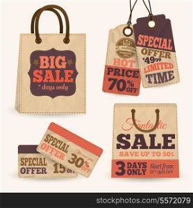 Collection of paper sale price tags with shopping bags design templates vector illustration