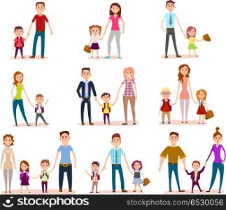 Collection of Parents with Their School Children. Vector set family child education concept. Mothers, fathers and schoolchildren. Pupils, bag, happy smiling faces. Happy chidhood concept. Isolated characters. School life. Generic pedagogy poster.