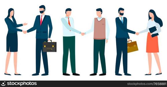 Collection of partners shaking hands of each others. Man and woman wearing formal clothes holding briefcases. Successful agreement of colleagues, isolated employees. Vector in flat style illustration. Business Characters Successful Meeting Handshakes