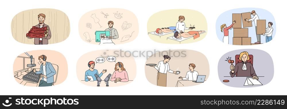 Collection of people and their professions. Set of diverse man and woman employees and occupations or jobs. Tailor, masseuse and musician. Waitress, attorney and lumberjack. Vector illustration. . Set of people and works or occupations
