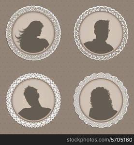 Collection of people avatars in antique style decorative circular frames