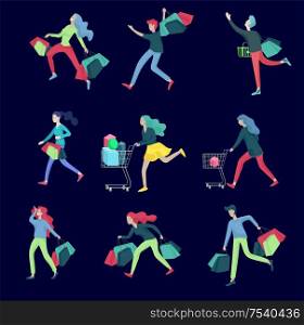 Collection of people carrying shopping bags with purchases. Madness on sale, line of crazy Men and women taking part in seasonal sale at store, shop, mall. Cartoon characters concept for black friday.. Men and women taking part in seasonal sale at store, shop, mall. Cartoon characters concept for black friday.