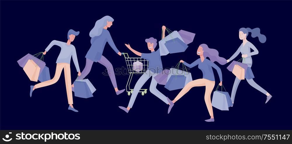 Collection of people carrying shopping bags with purchases. Madness on sale, line of crazy Men and women taking part in seasonal sale at store, shop, mall. Cartoon characters concept for black friday.. Men and women taking part in seasonal sale at store, shop, mall. Cartoon characters concept for black friday.