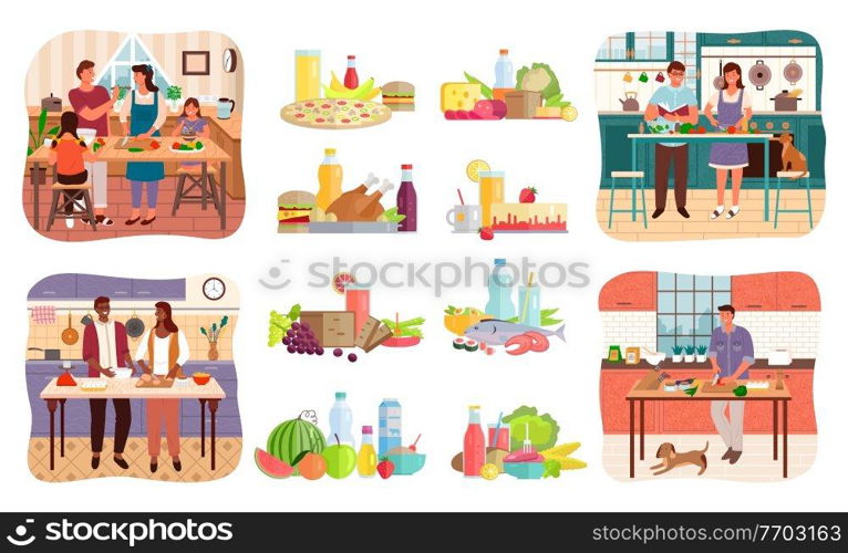 Collection of people cooking meals and sets of food. Couple on kitchen, parents with kids preparing plates. Bachelor at home making salad from vegetables. Nutrition and diet menu, vector in flat. Couple and Family Cooking Food, Set of Dishes