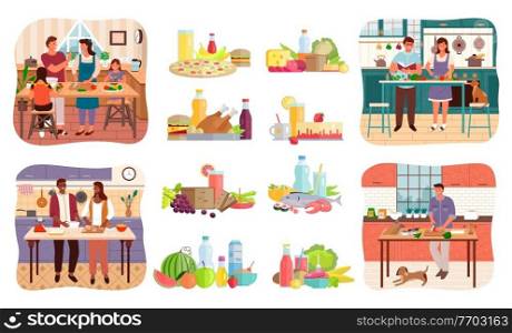 Collection of people cooking meals and sets of food. Couple on kitchen, parents with kids preparing plates. Bachelor at home making salad from vegetables. Nutrition and diet menu, vector in flat. Couple and Family Cooking Food, Set of Dishes