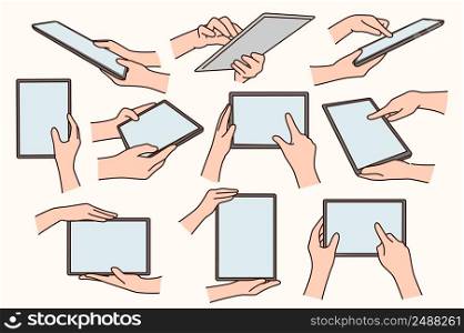 Collection of people hands hold modern tablet gadget browse internet. Set of person use pad device working online. Mockup screen, copy space. New technology. Vector illustration. . Set of people use tablet gadget 