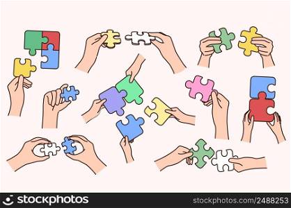 Collection of people hands holding connection jigsaw puzzles engaged in hobby activity. Set of person join puzzle find best solution or answer. Problem solving. Game and hobby. Vector illustration.. Set of person holding jigsaw puzzles connecting pieces 