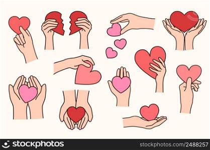 Collection of people hands with hearts of various forms and sizes. Set of person send share love with paper sign. Nonverbal communication. Valentine day and romance. Vector illustration. . Set of people hands with various hearts