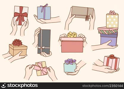 Collection of people hold boxes congratulate greet with birthday or special occasion. Set of person make surprise with gifts or presents. Congratulation concept. Flat vector illustration. . Set of people hold gift boxes congratulate with birthday 