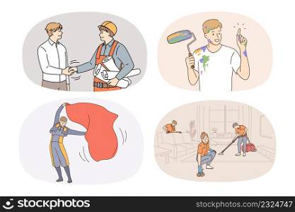 Collection of people jobs and careers. Set of persons having different occupations and professions. Employment. Architect, painter, toreador and housekeeper. Vector illustration.. Set of people and different occupations