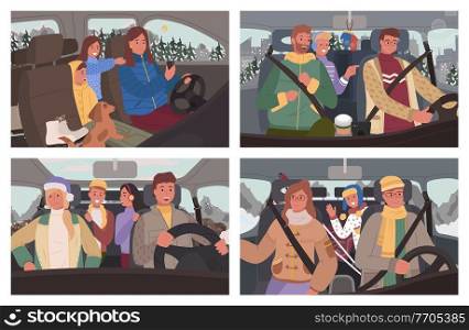 Collection of people on way to vacation. Winter road trip of family and friends sitting in car. Man and woman with kids going to resort. Passengers and attentive driver, tourists vector in flat. Family and Friends in Car Driving, Roadtrip Set