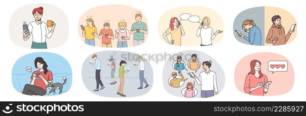 Collection of people overuse modern cellphone in daily life. Set of diverse men and women use smartphones, addicted to social media. Gadget and technology addiction. Vector illustration. . Set of diverse people addicted to smartphones 