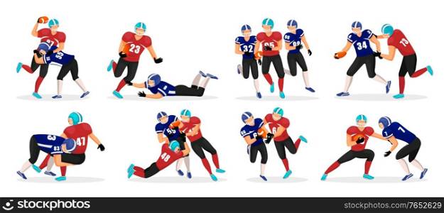 Collection of people playing american football. Set of different players pose in rough kind sport game. American football players in action. Professional athletes running with ball in hands. American Football Game Set of Players in Motion