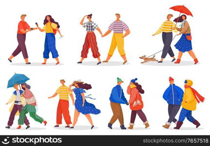 Collection of people wearing different clothes. Couple in warm coats. Male and female in light clothing. Couples walking dog and holding umbrella. Autumn, winter outfits. Seasonal clothes. People walk. People Wearing Light and Warm Seasonal Clothes