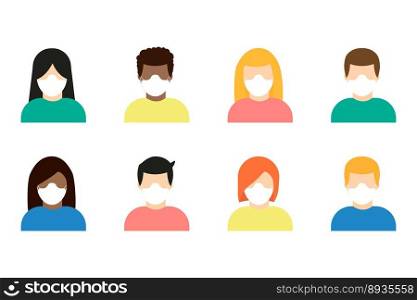 Collection of people wearing protective medical mask icon isolated. Avatars of men and women in protective masks. Vector illustration. Collection of people wearing protective medical mask icon isolated. Avatars of men and women in protective masks. Vector illustration.