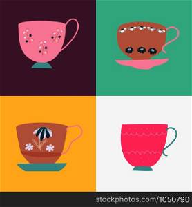 Collection of pink and brown retro tea cups with saucer and floral decor. Flat cartoon style. Vector Illustration.. Collection of pink and brown retro tea cups with saucer and floral decor.