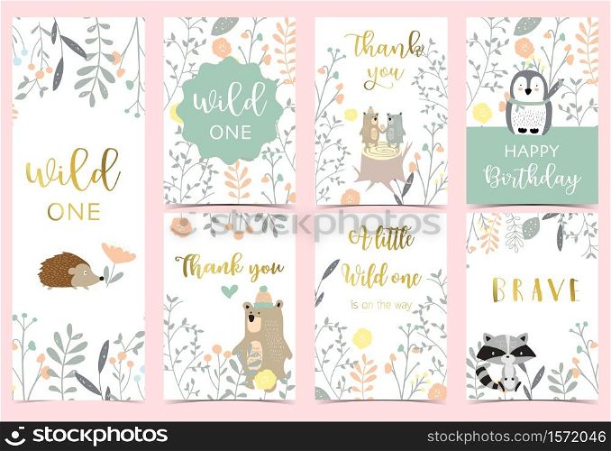Collection of pink boho cards set with bear, jungle,penguin,hedgehog .Vector illustration for birthday invitation,postcard and sticker.Editable element
