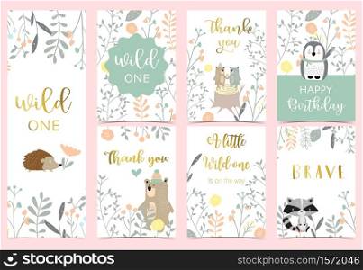 Collection of pink boho cards set with bear, jungle,penguin,hedgehog .Vector illustration for birthday invitation,postcard and sticker.Editable element