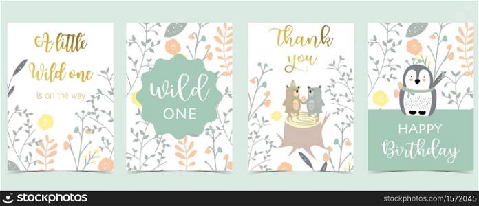 Collection of pink boho cards set with bear,penguin.Vector illustration for birthday invitation,postcard and sticker.Editable element
