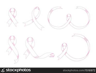 Collection of pink ribbon, hand drawn style. Breast cancer awareness. Illustration on white background.
