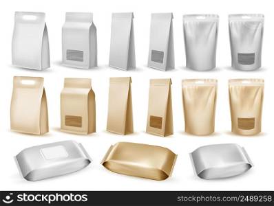 Collection of polypropylene plastic and paper packaging. Packaging for foods and goods template mock-up. Doypack bags for food. Vector illustration
