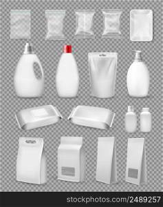 Collection of polypropylene plastic packaging and medical supplies - sack, tray, cup, bottle, box, tube and packing for antibakterial wet wipes on transparent background. Vector illustration