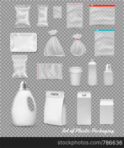 Collection of polypropylene plastic packaging - sack, tray, cup, bottle, box on transparent background. Vector illustration