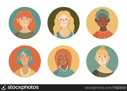 Collection of portraits of female. Bundle of girls from multinational business team. Set of womans avatars. Flat cartoon vector illustration.