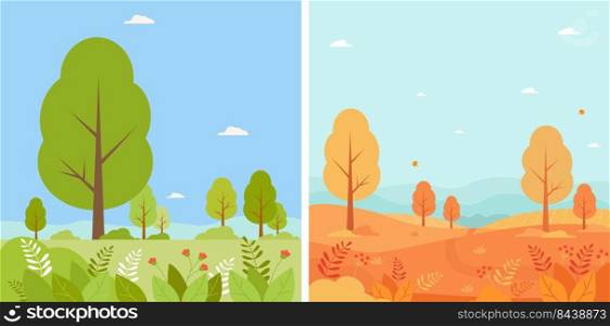 Collection of posters with summer and autumn landscape. Vertical vector illustration with seasonal landscapes - summer and autumn park, nature, trees and plants. For cards, banners, print and design