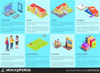 Collection of Posters with Text Devoted to School. Set of posters with light blue background and text devoted to school. Isolated vector illustration of education-related items, facilities and objects